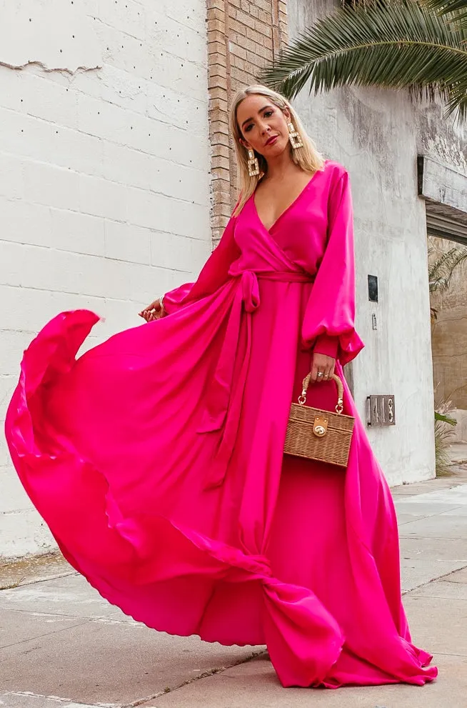 Deep-V Satin Maxi Dress - Fuchsia