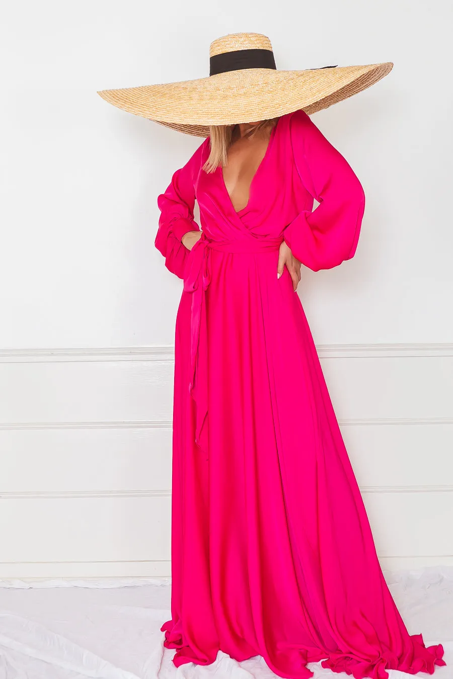 Deep-V Satin Maxi Dress - Fuchsia