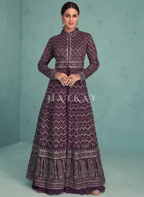 Deep Wine Zari Embroidered Lehenga Choli With Jacket