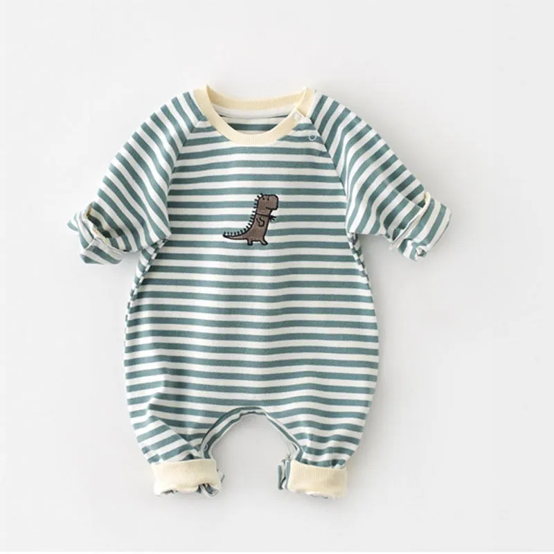 Dino-mite Baby Romper - Striped with Dinosaur Embroidery