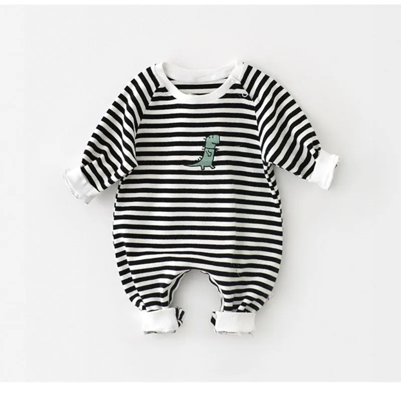 Dino-mite Baby Romper - Striped with Dinosaur Embroidery