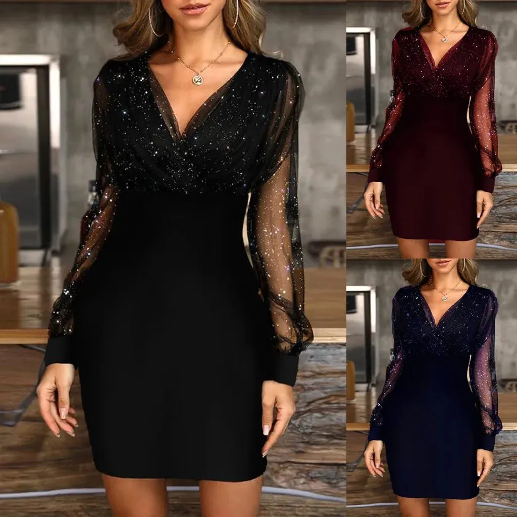 Dress For Women Fashion Elegant Sexy Slim Hip Midi Casual Black Retro Gazue Sequins Long Sleeved Female Dresses Party Club Dress