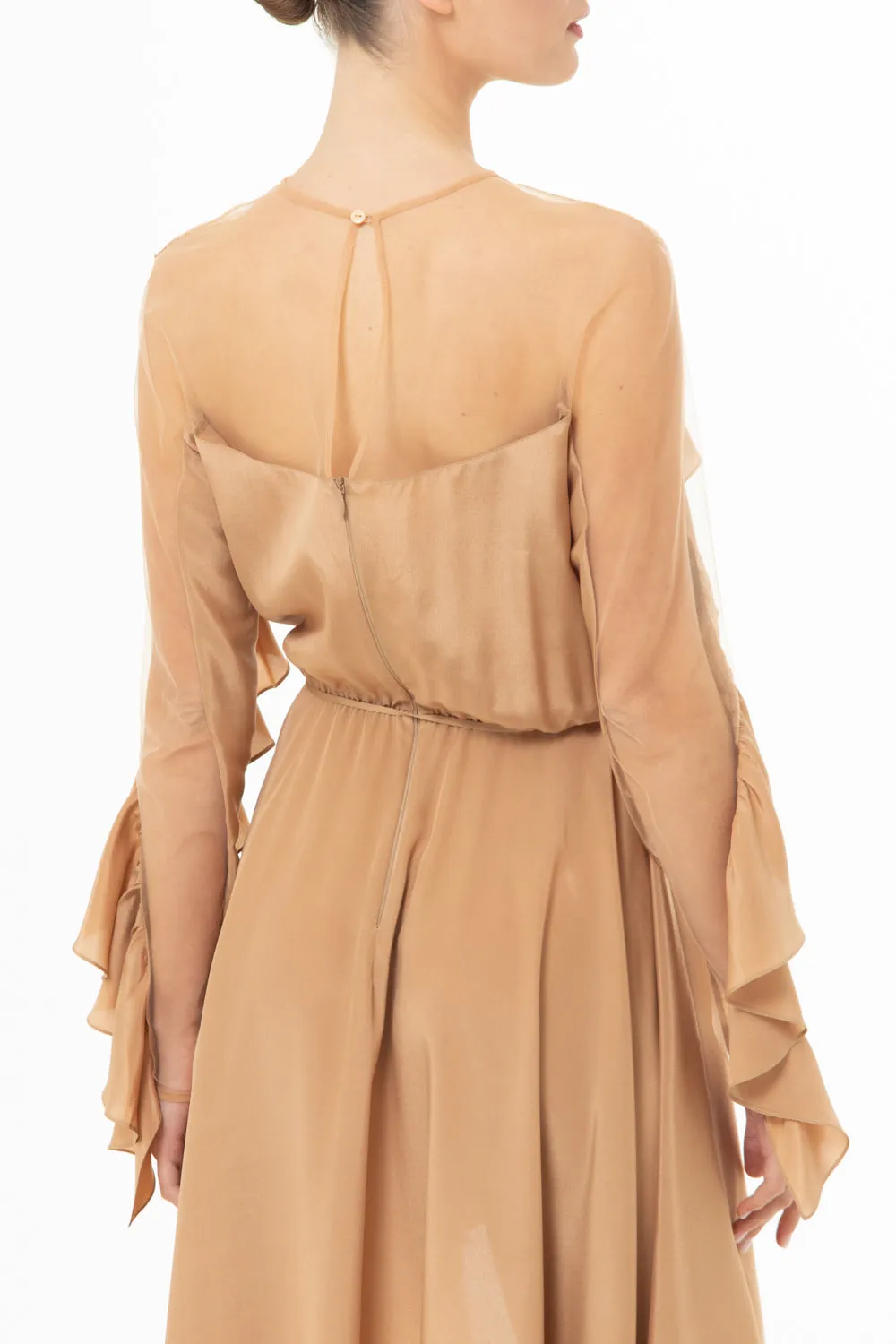 Dress with a frill and an asymmetrical hem line