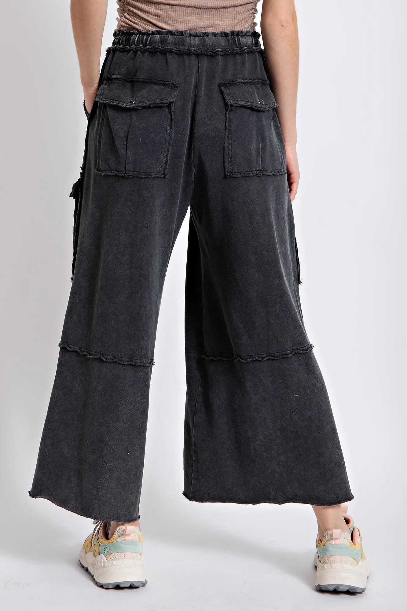 Easel Feeling Good Mineral Washed Utility Pants in Black