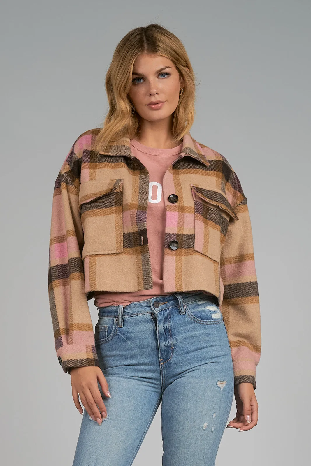 Elan Pink/Brown Plaid Crop Jacket