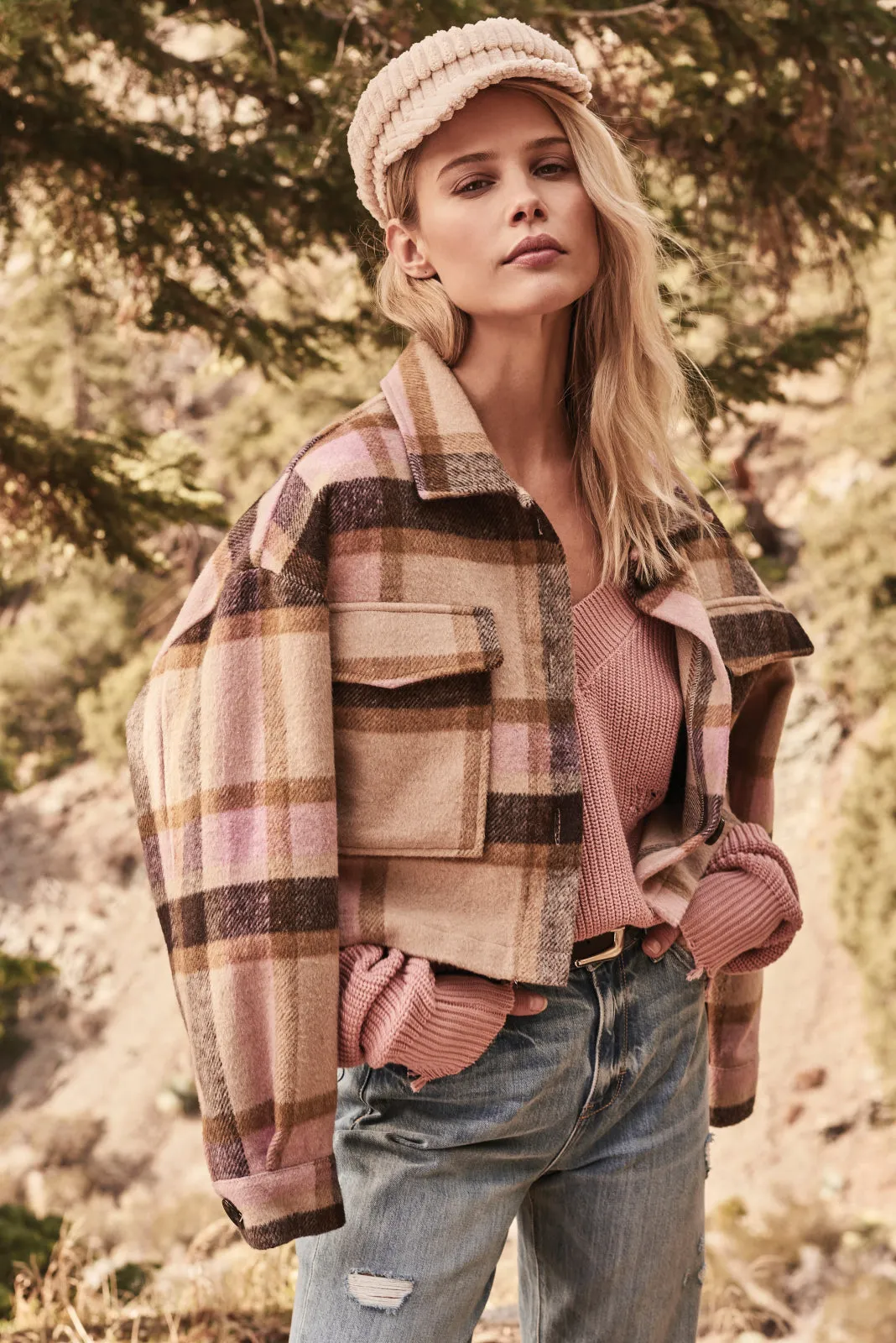 Elan Pink/Brown Plaid Crop Jacket