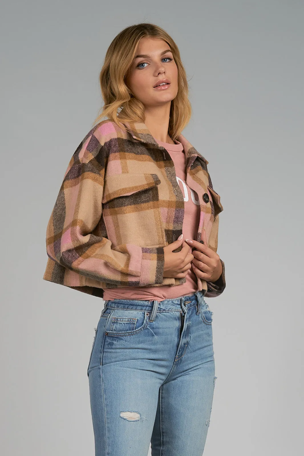 Elan Pink/Brown Plaid Crop Jacket