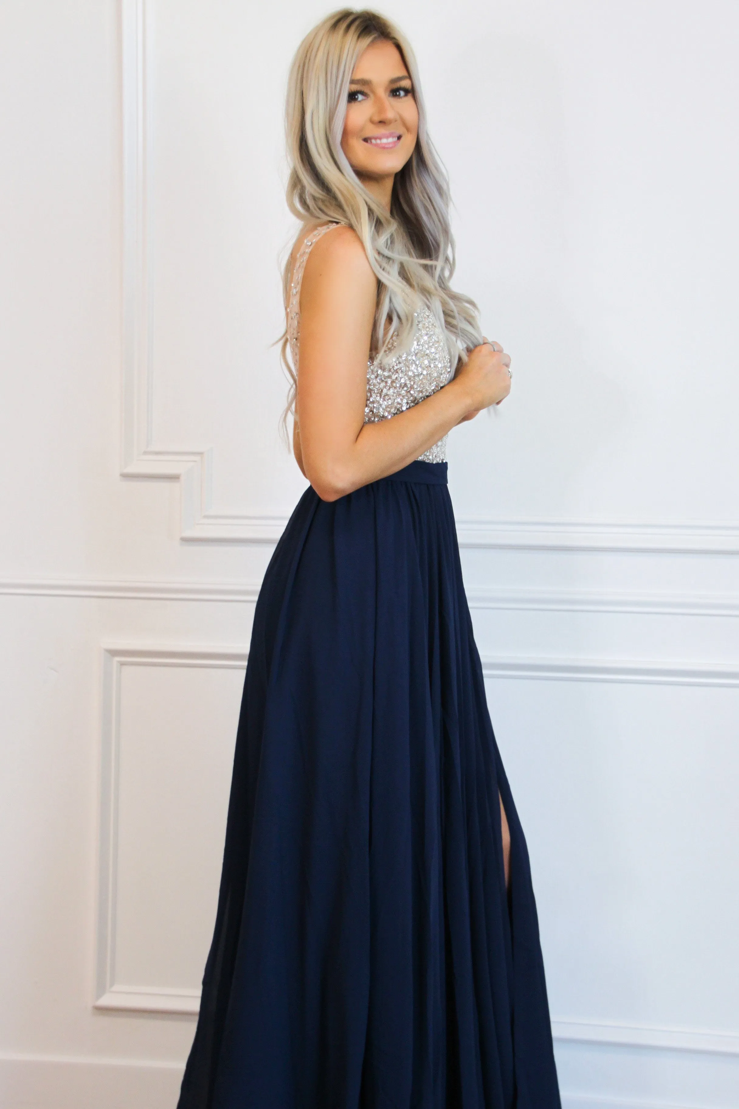 Elegant Affair Beaded Maxi Dress: Navy