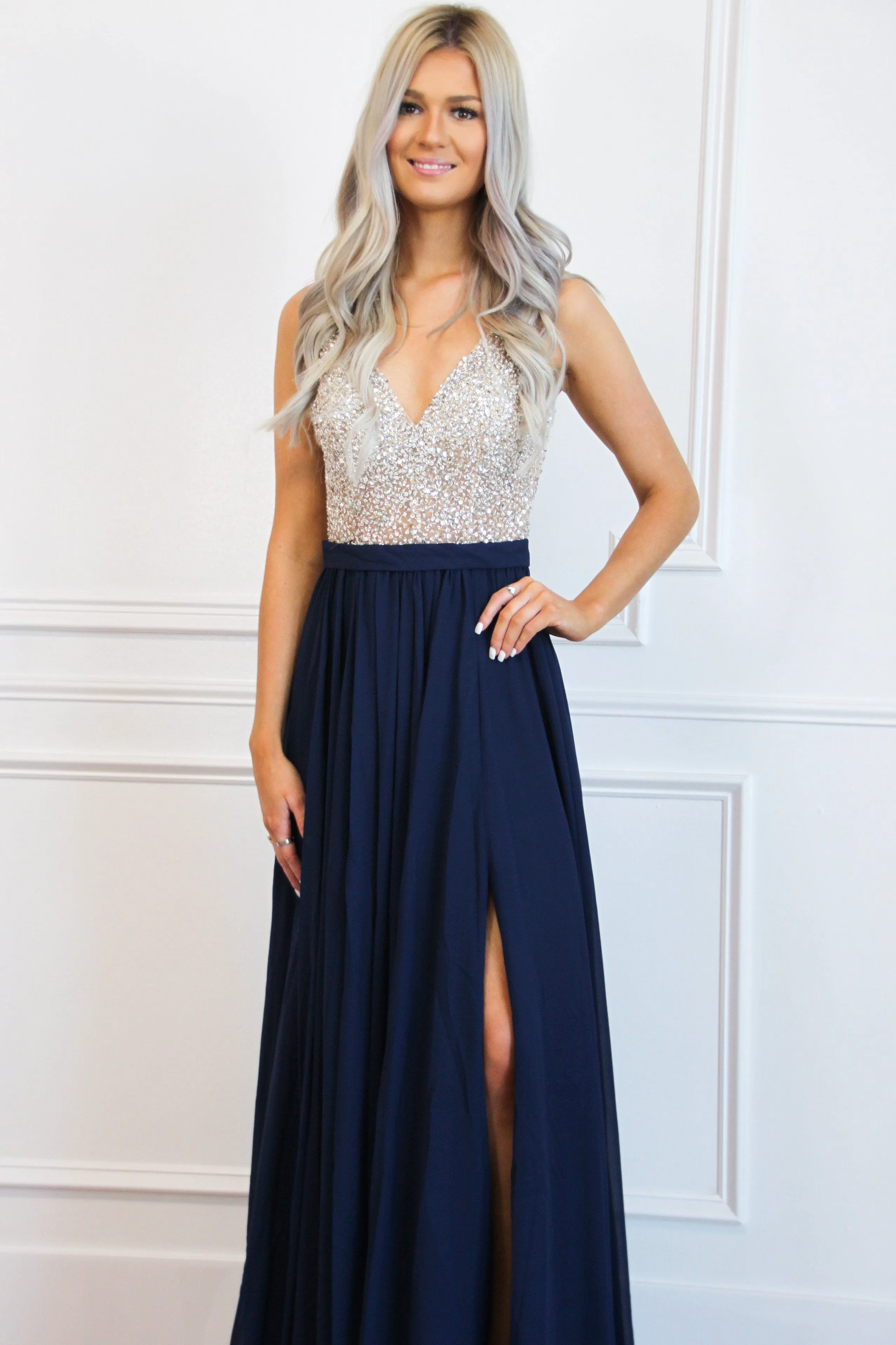 Elegant Affair Beaded Maxi Dress: Navy