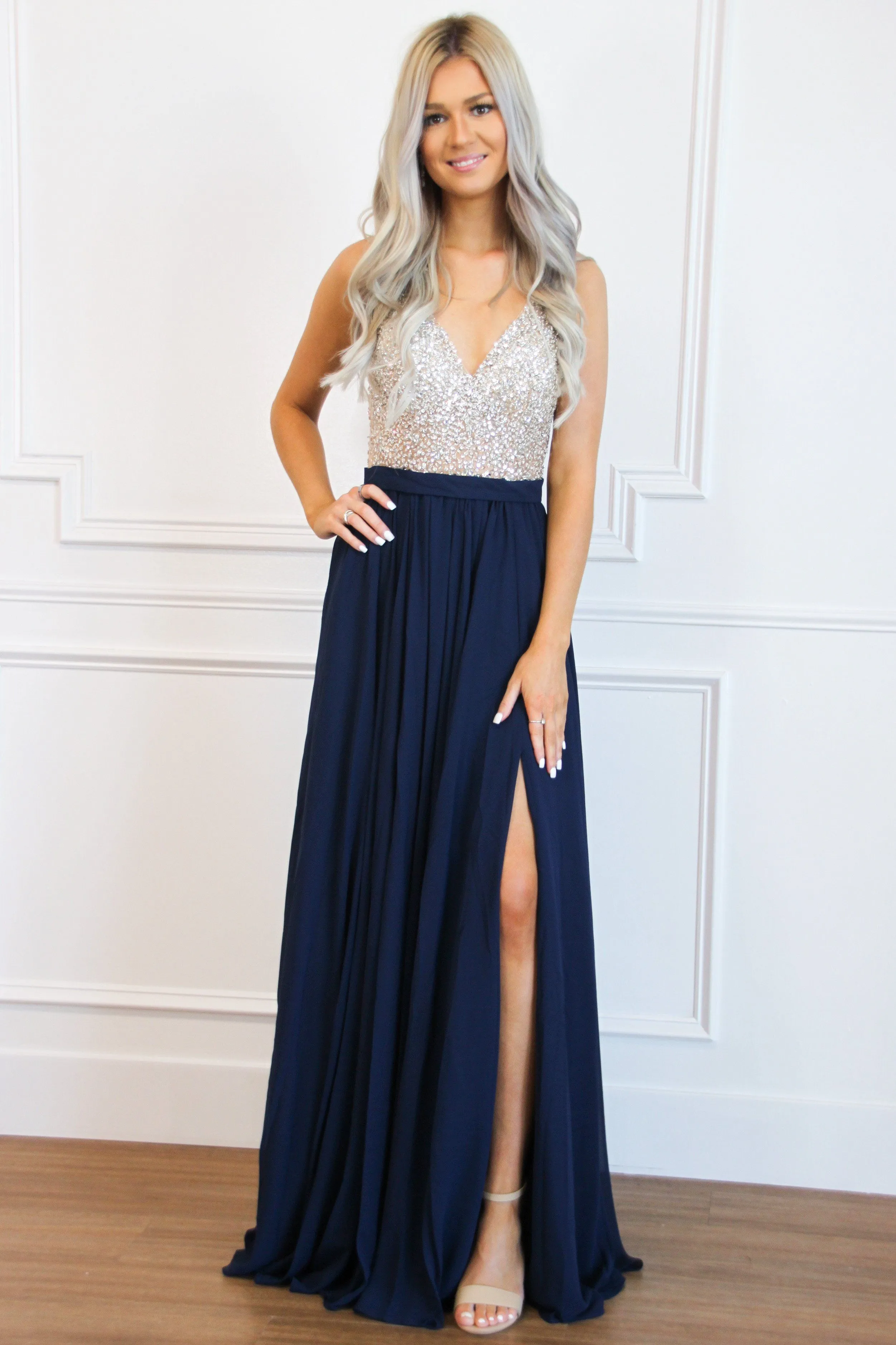 Elegant Affair Beaded Maxi Dress: Navy