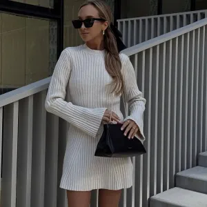 Elegant Knit Long Sleeve White Mini Dress for Christmas Party