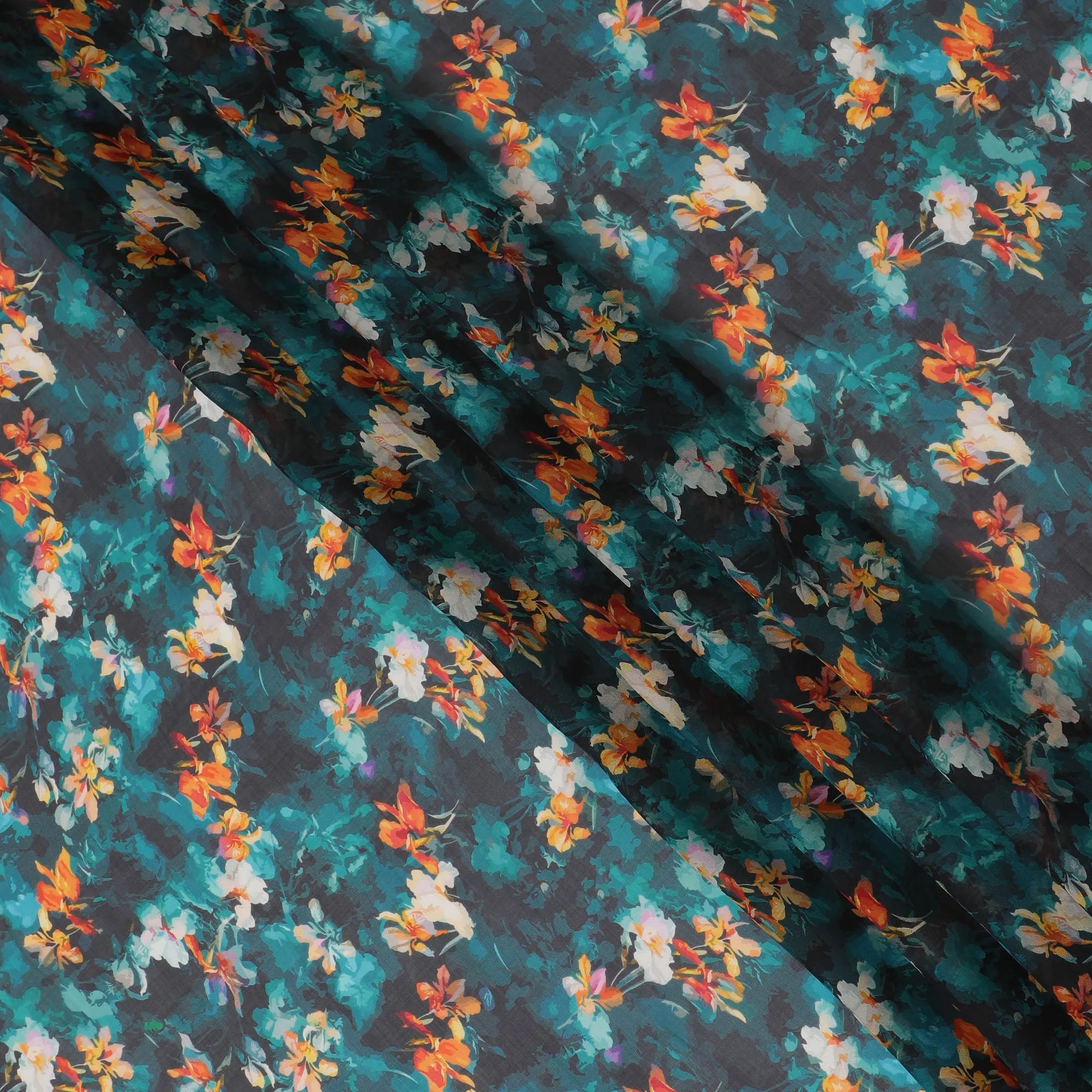 Elegant Teal Synthetic Chiffon Fabric with Vivid Orange Floral Print, 140 cm Wide-D19106