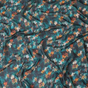 Elegant Teal Synthetic Chiffon Fabric with Vivid Orange Floral Print, 140 cm Wide-D19106