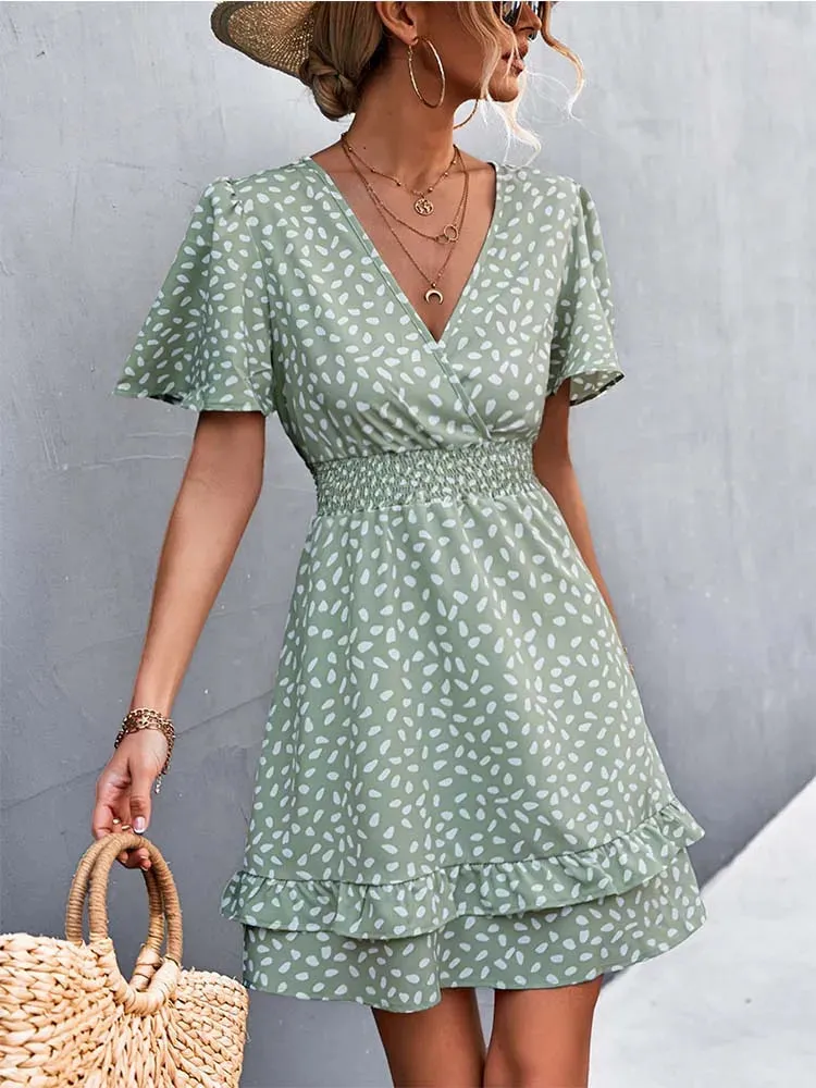 Elegant V Neck Floral A-Line Dress with Lotus Leaf Sleeves