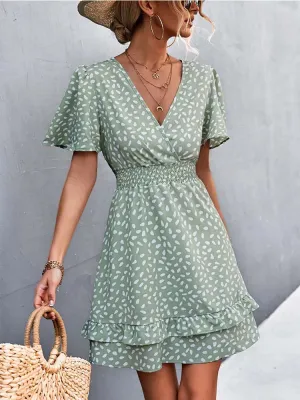 Elegant V Neck Floral A-Line Dress with Lotus Leaf Sleeves