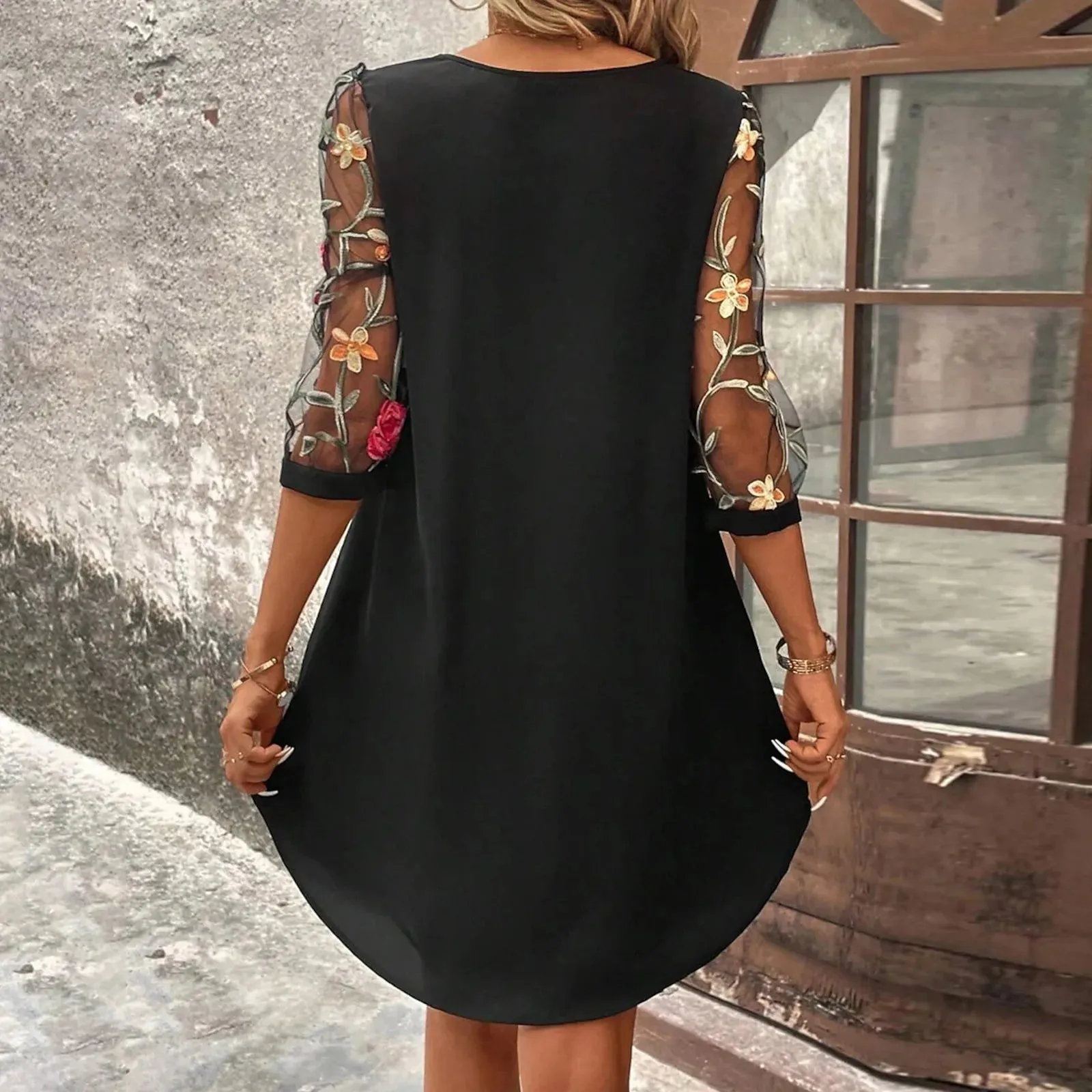 Embroidery Mesh Round Neck Three Quarter Sleeve Hollow Out Casual Flower Dress