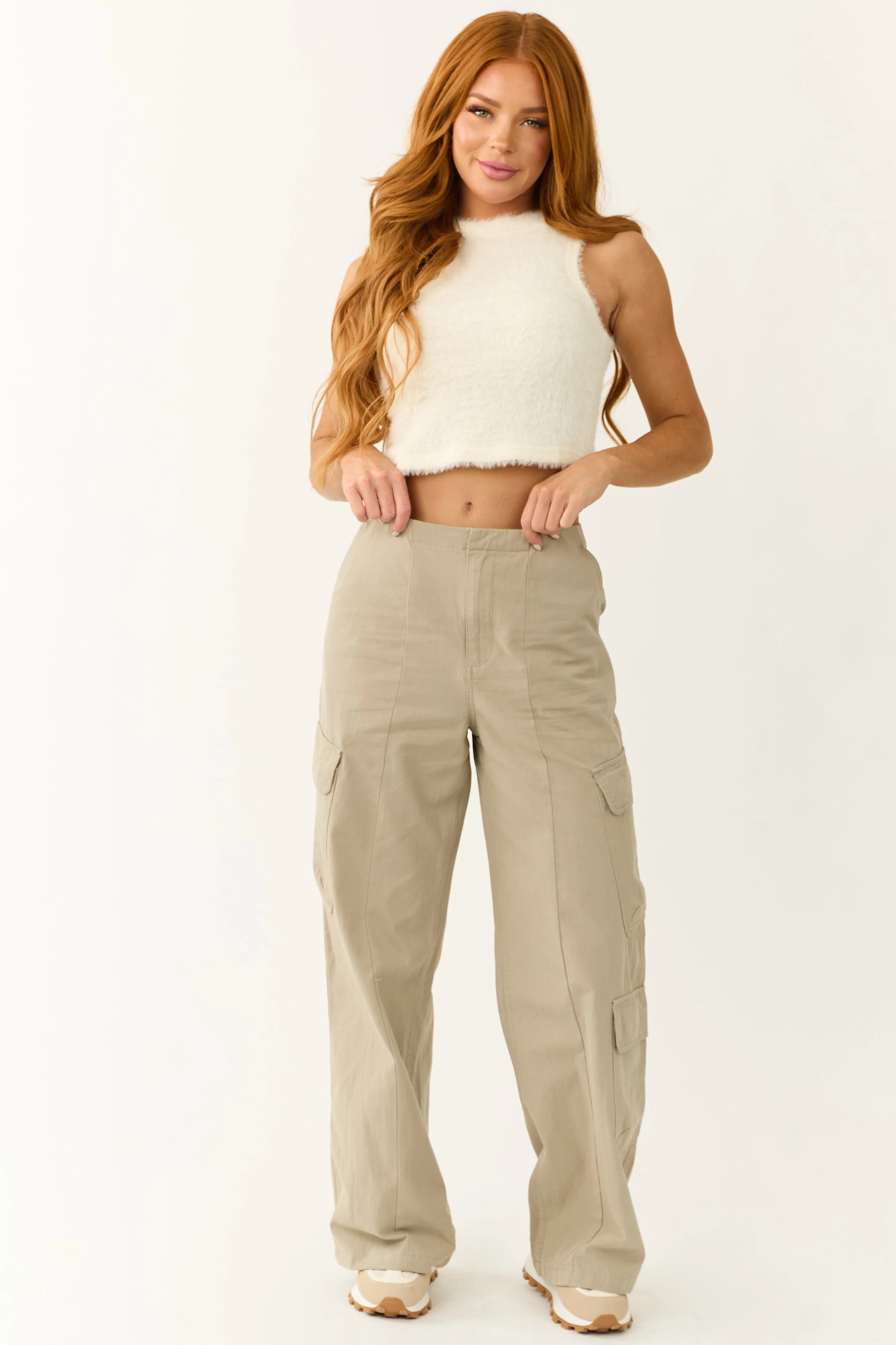 Faded Olive Mid Rise Wide Leg Cargo Pants