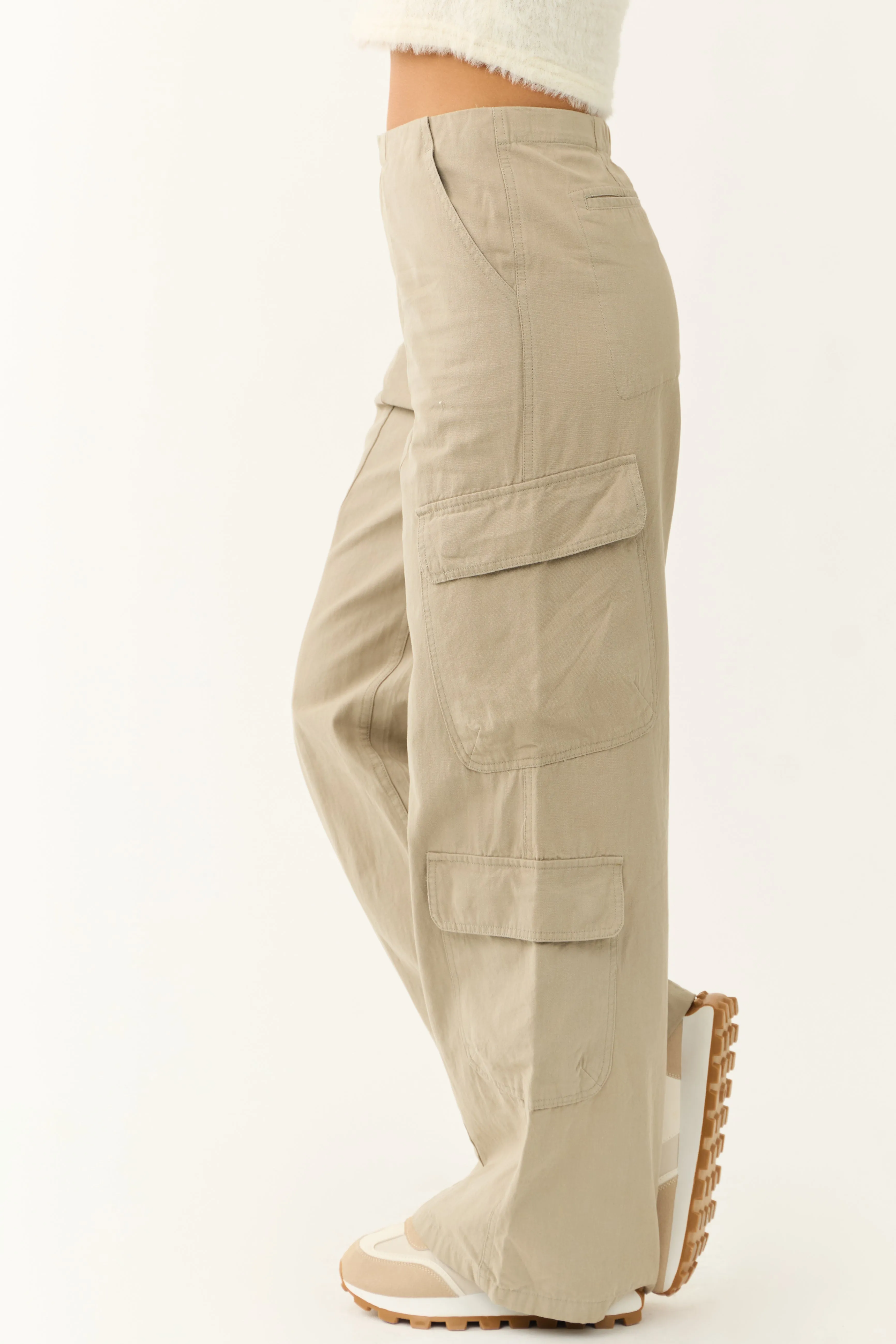 Faded Olive Mid Rise Wide Leg Cargo Pants