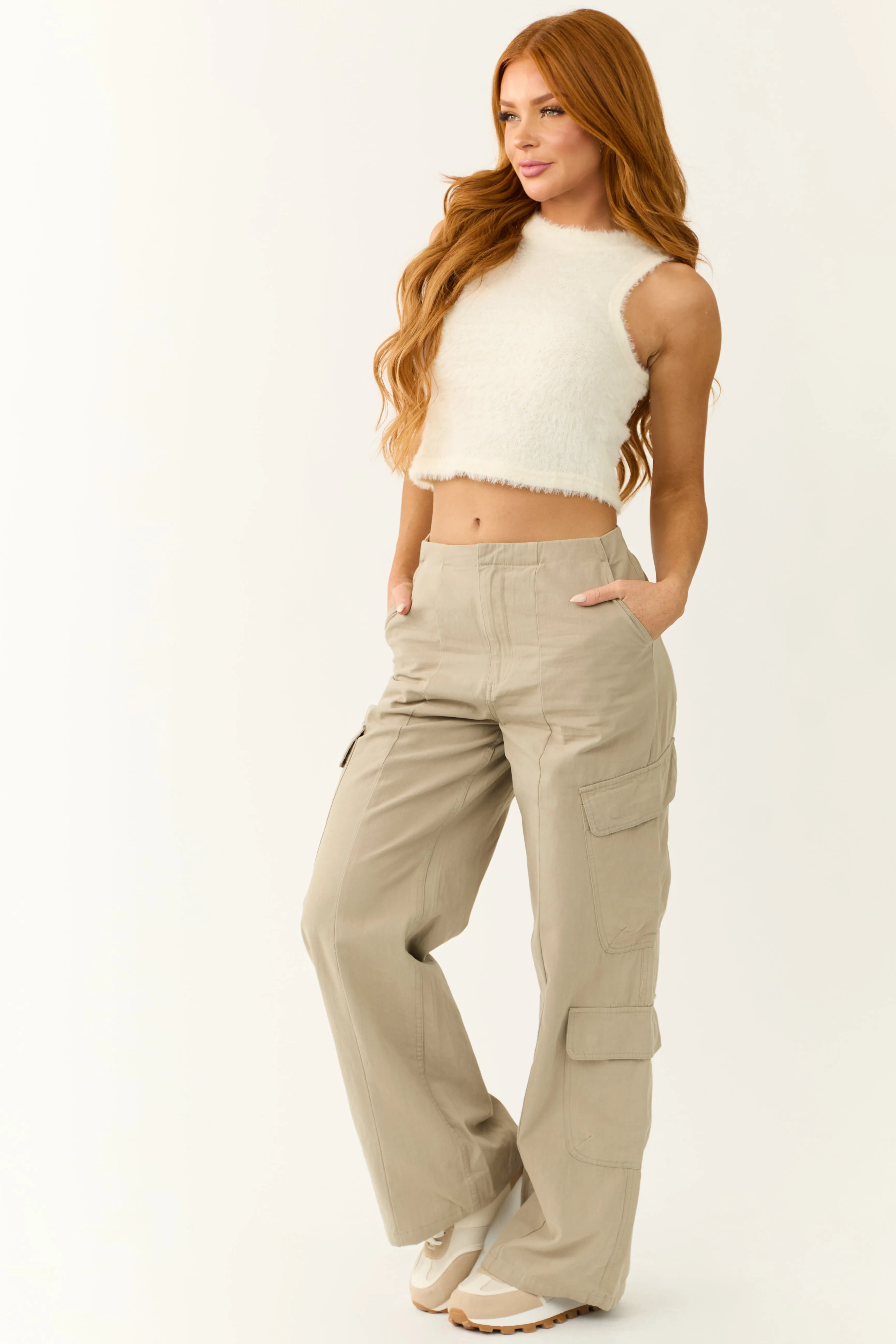 Faded Olive Mid Rise Wide Leg Cargo Pants