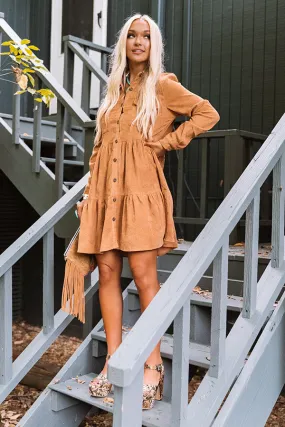 Fall Adventure Babydoll Corduroy Dress In Camel