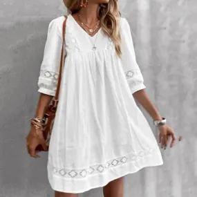 Fashion Casual White Lace Summer V Spring Sleeve Neck Beach Half Loose Dress