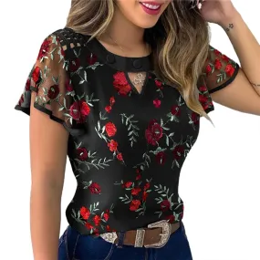 Fashionkova  4 Styles Sexy Women Ladies Ruffle Sleeve Tops Pullover Dot Polk Embroidery Floral Print Blouse OL Casual Chiffon Jumper Tee