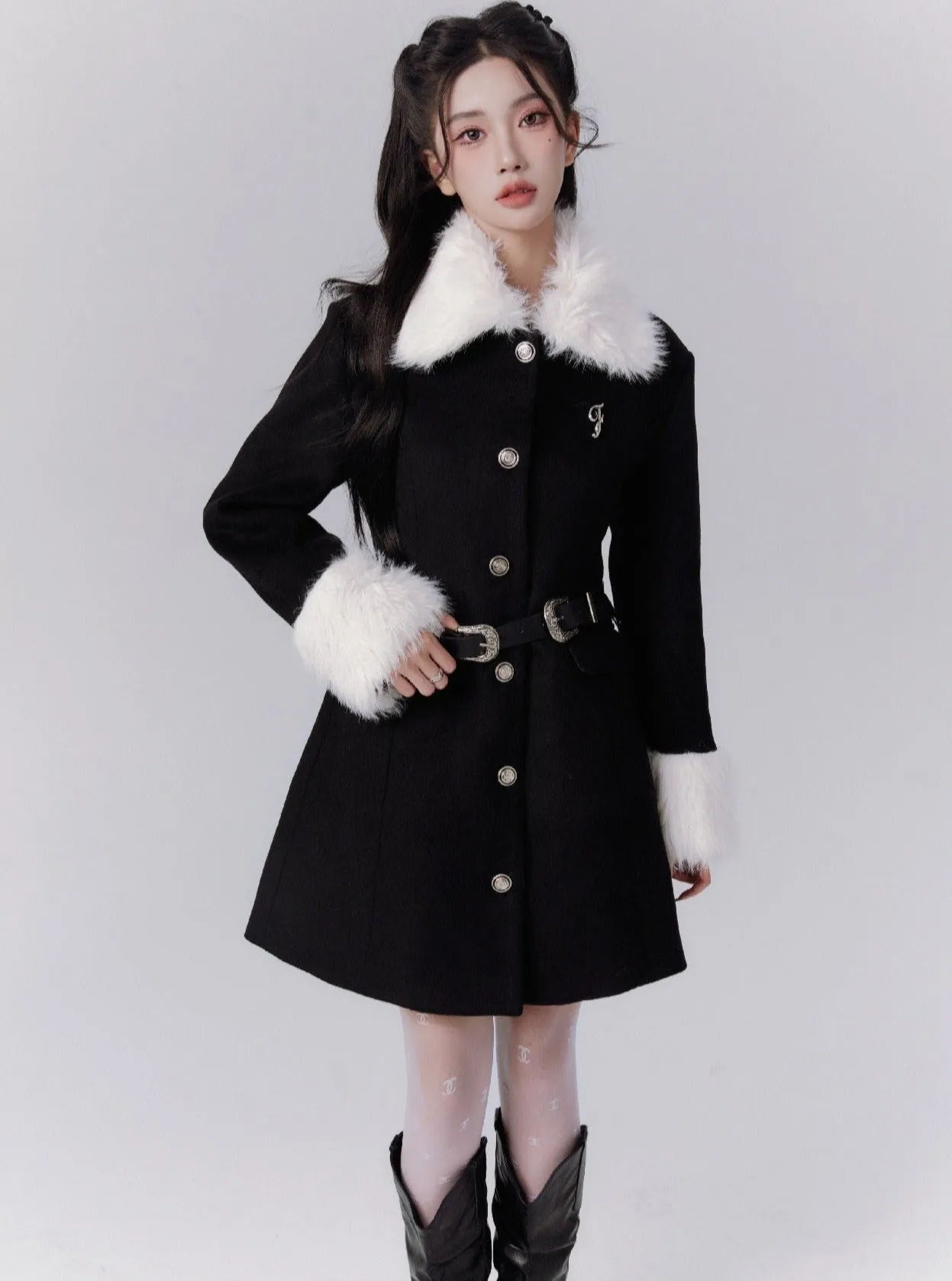 Faux Fur Trim Belted Winter Coat