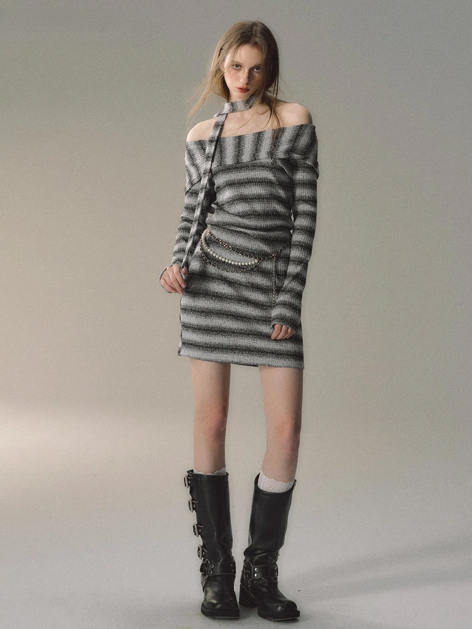 (Final Sale) Grey & Khaki Striped Knit Mini Dress