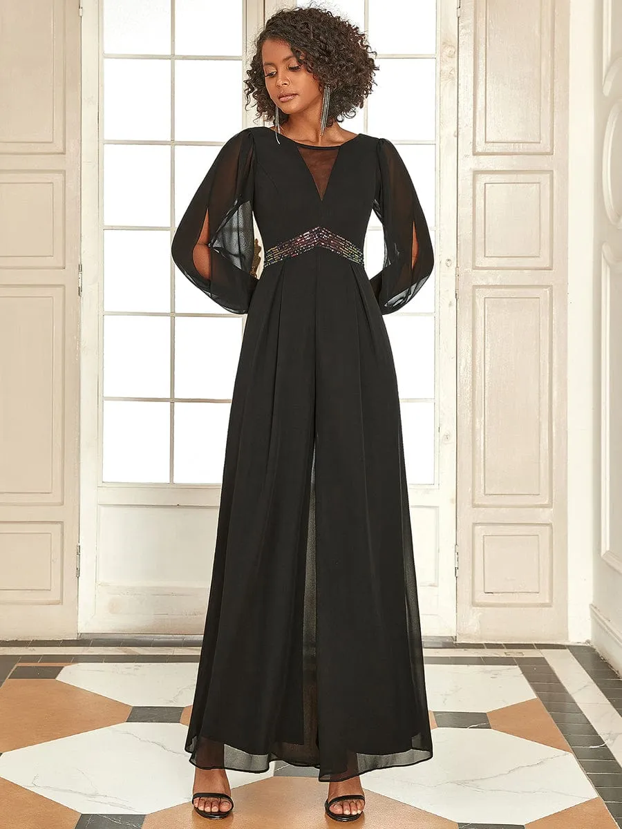 Floor-Length Chiffon Sequin Sheer Formal Jumpsuit