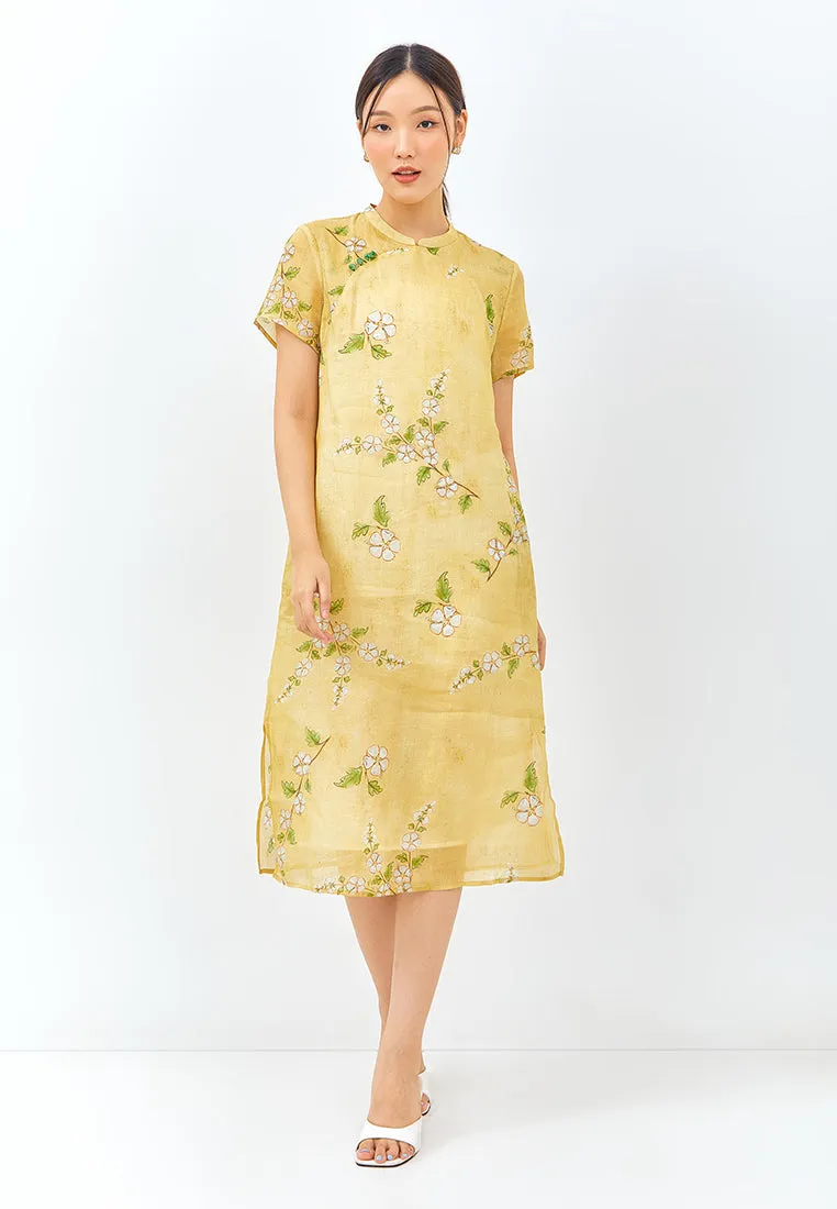 Floral Cheongsam Dress in Mustard Yellow