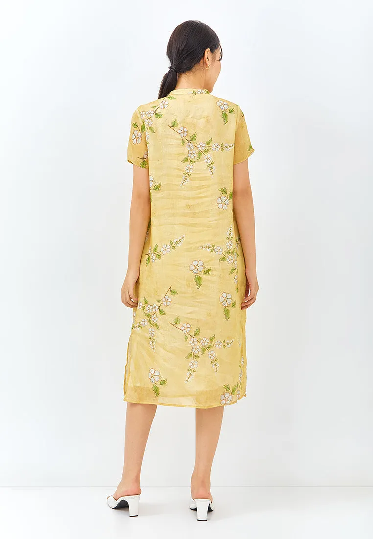 Floral Cheongsam Dress in Mustard Yellow