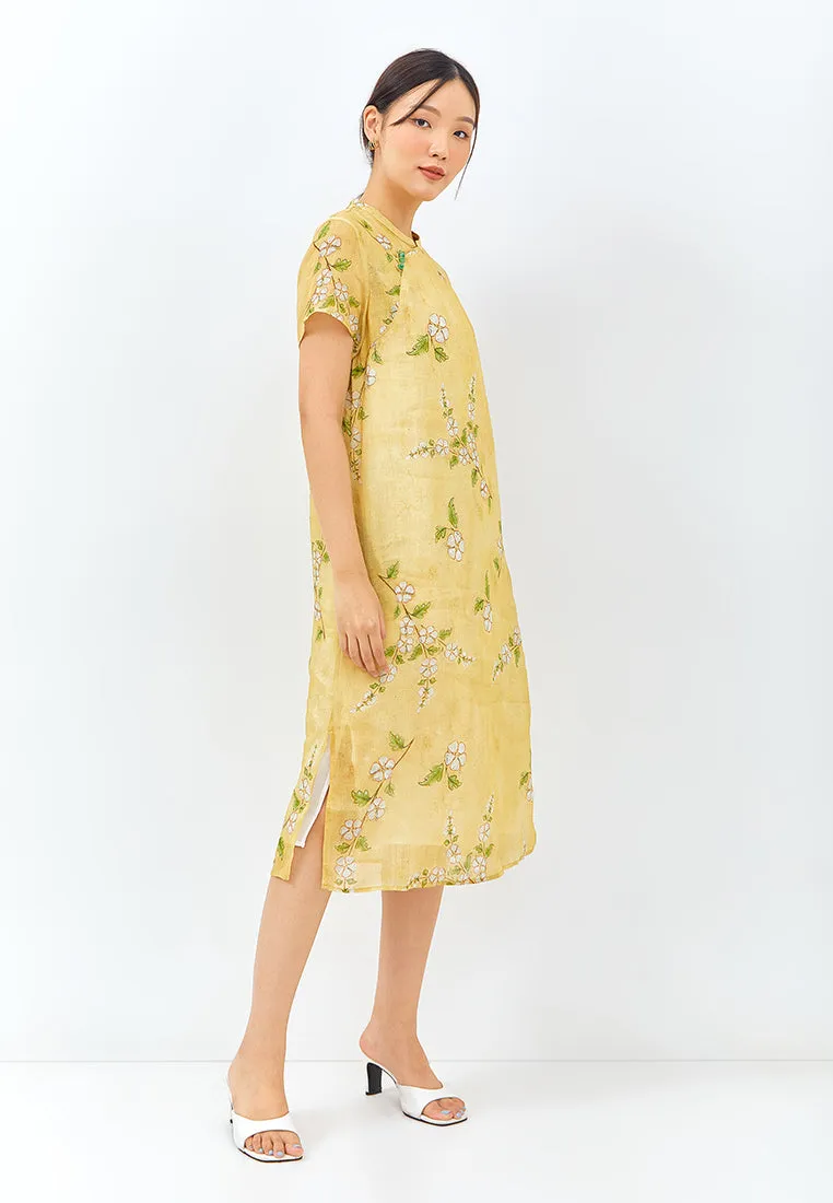 Floral Cheongsam Dress in Mustard Yellow