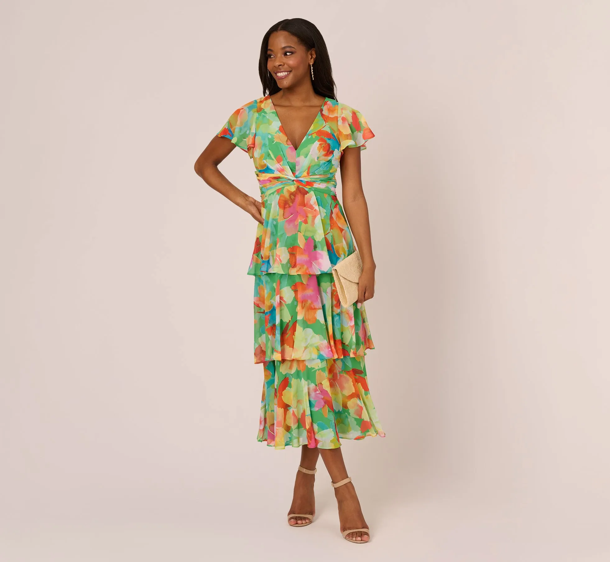 Floral Chiffon Tiered Dress With Flutter Short Sleeves In Green Multi