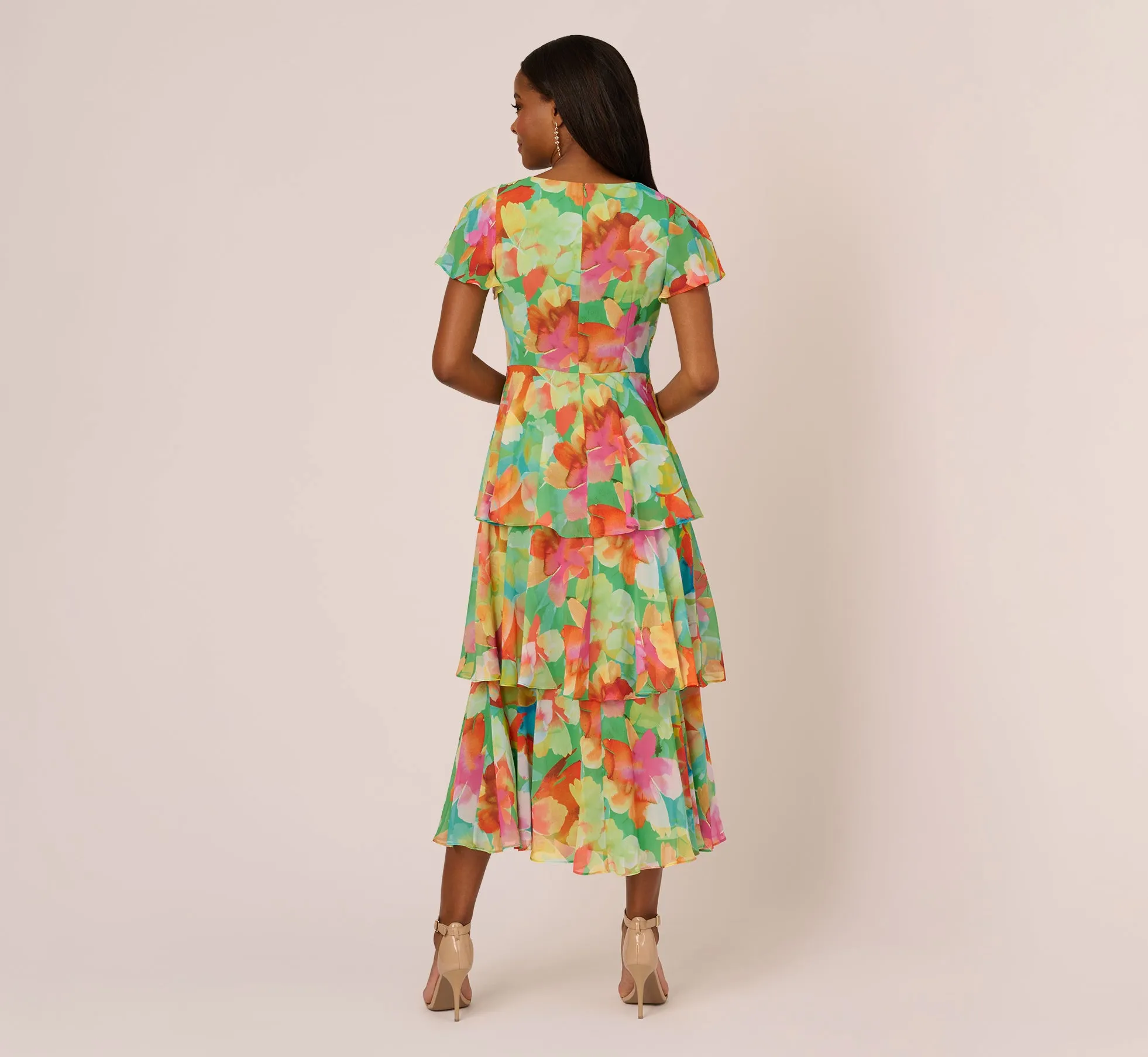 Floral Chiffon Tiered Dress With Flutter Short Sleeves In Green Multi