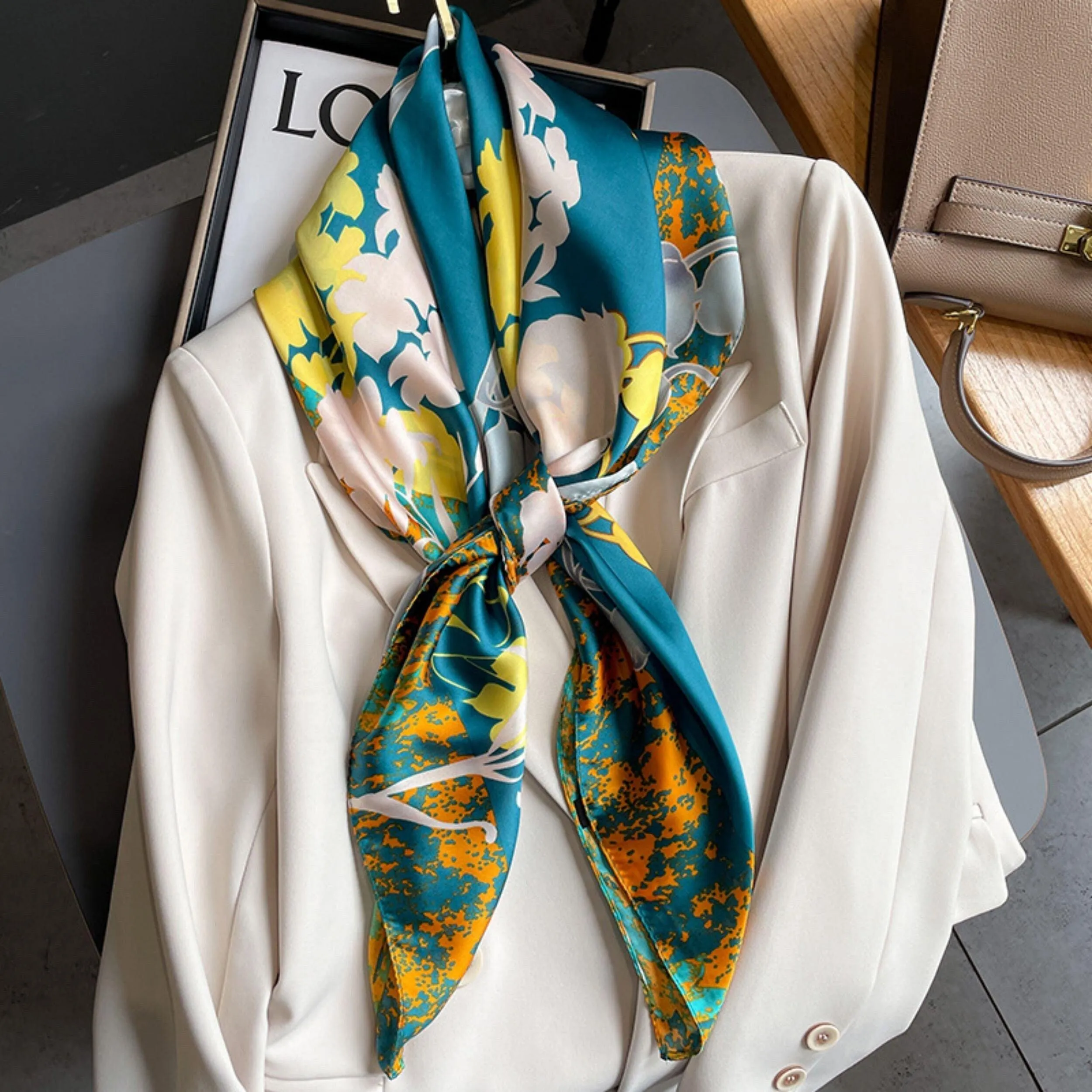 Floral print large scarf/| 90x90cm Bandana | Twill Satin Shawl | Perfect Gift for Her, Mother's Day