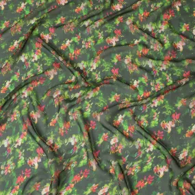 Forest Green Synthetic Chiffon Fabric with Multicolor Floral Print, 140 cm Wide-D19108