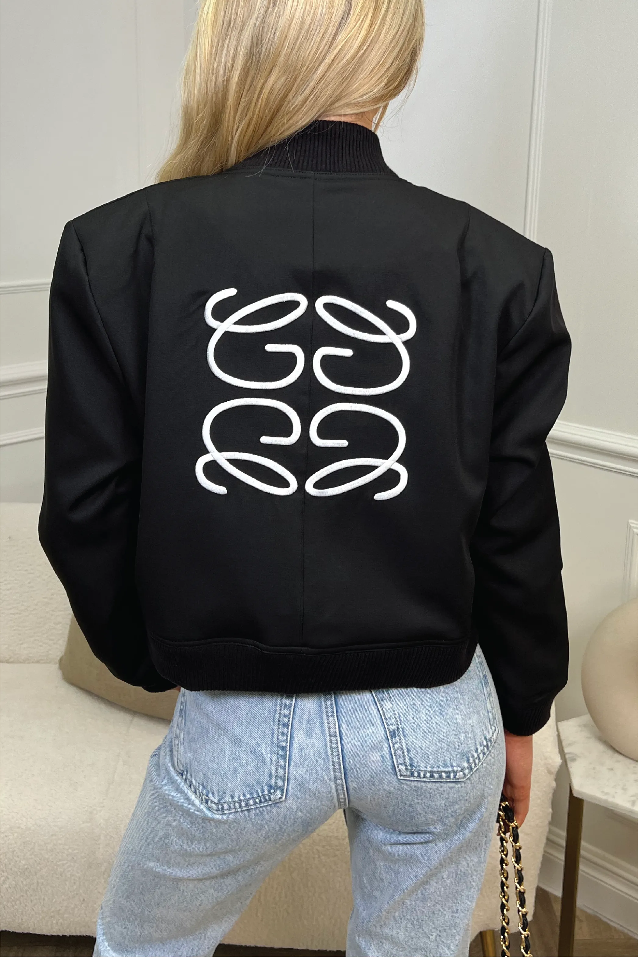 Gege black embroidered cargo bomber jacket