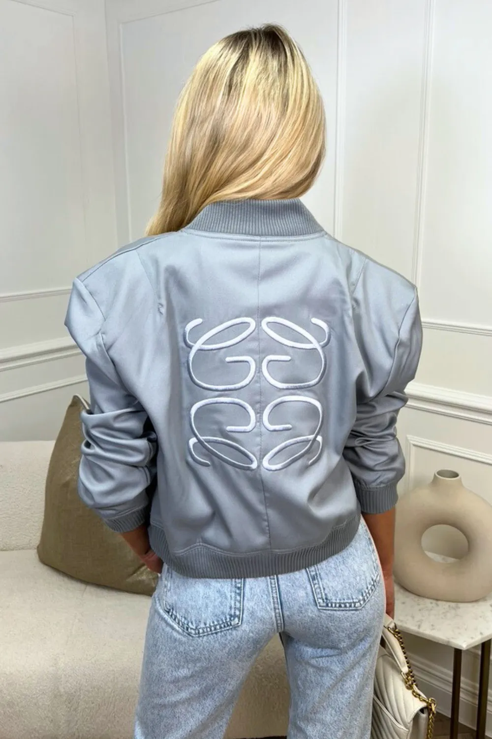 Gege grey embroidered cropped bomber jacket