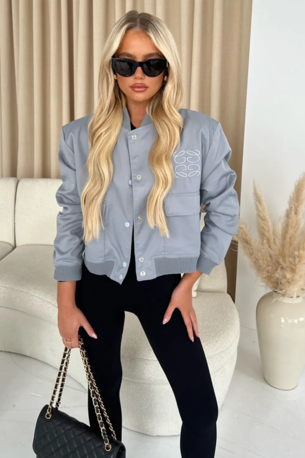 Gege grey embroidered cropped bomber jacket