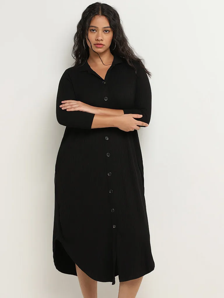 Gia Black Ribbed Design Shirt Dress