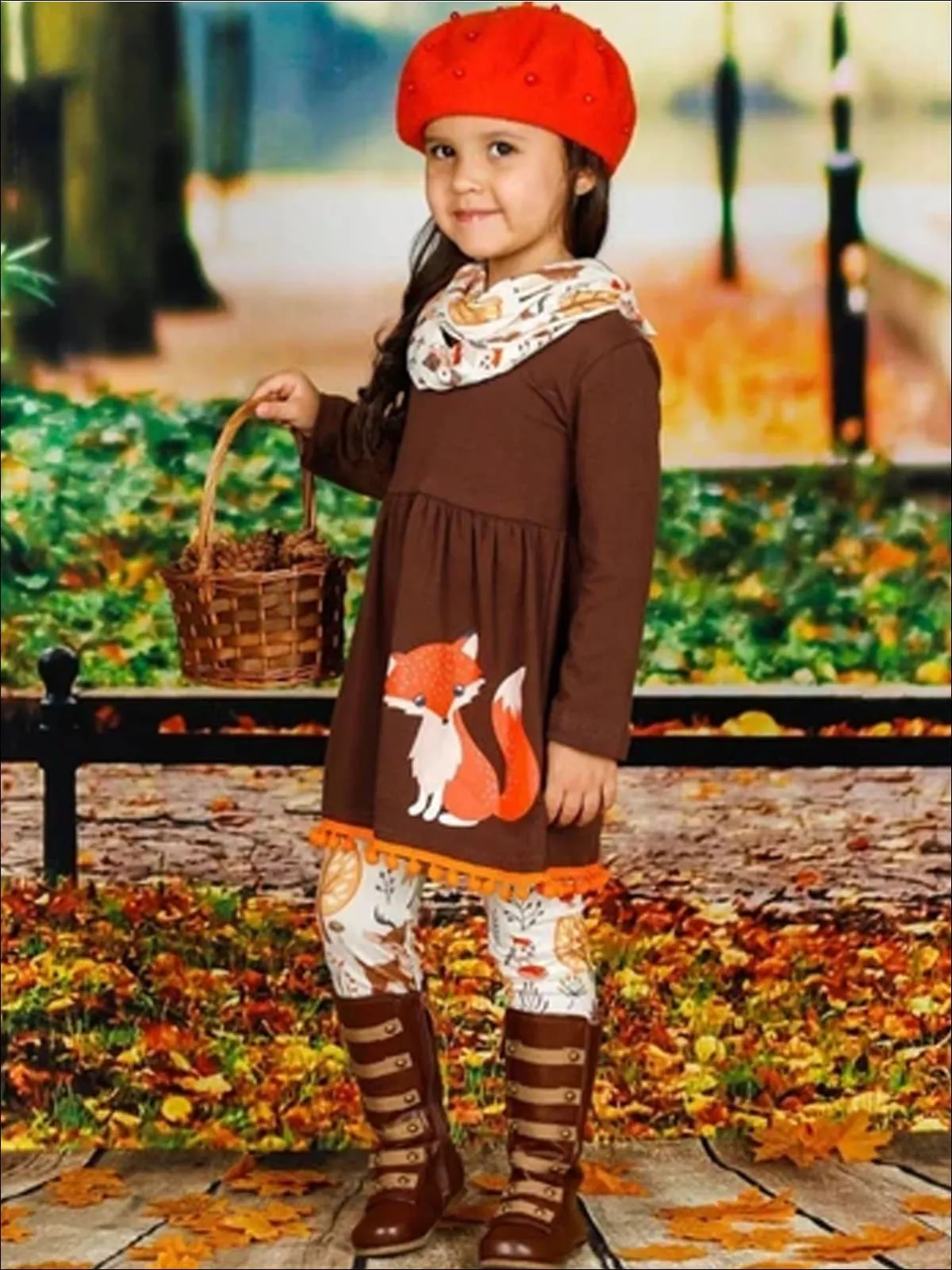 Girls Long Sleeve Fox Applique Tunic with Pom Pom Hem, Printed Leggings And Scarf Set