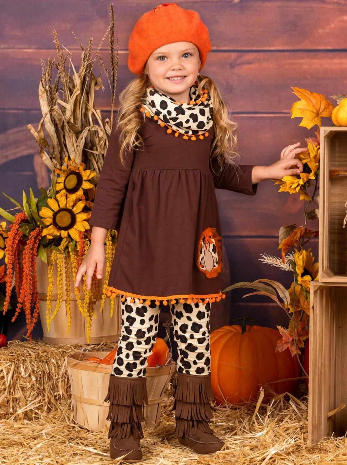 Girls Turkey Applique Long Sleeve Pom Pom Hem Tunic, Animal Print Leggings and Scarf Set