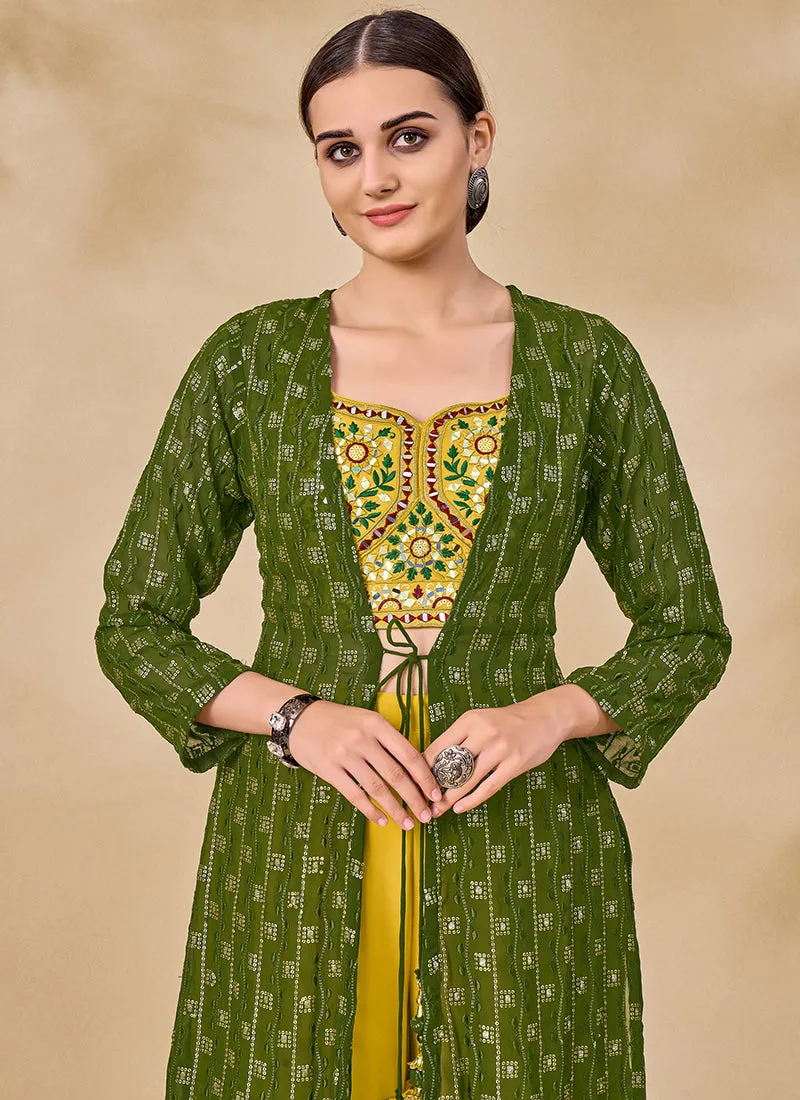 Green And Yellow Embroidered Jacket Style Palazzo Suit