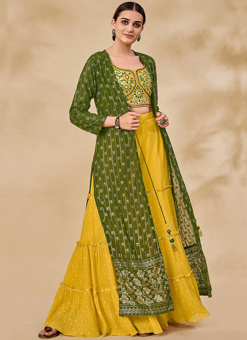 Green And Yellow Embroidered Jacket Style Palazzo Suit