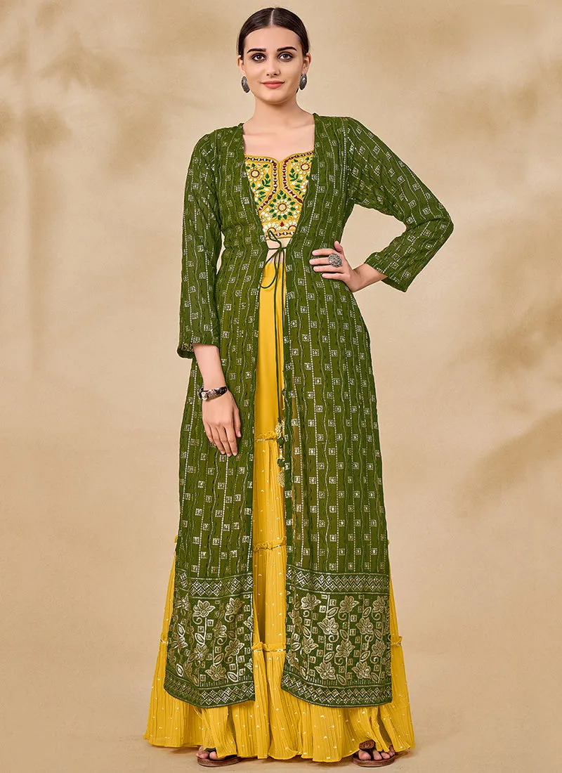 Green And Yellow Embroidered Jacket Style Palazzo Suit