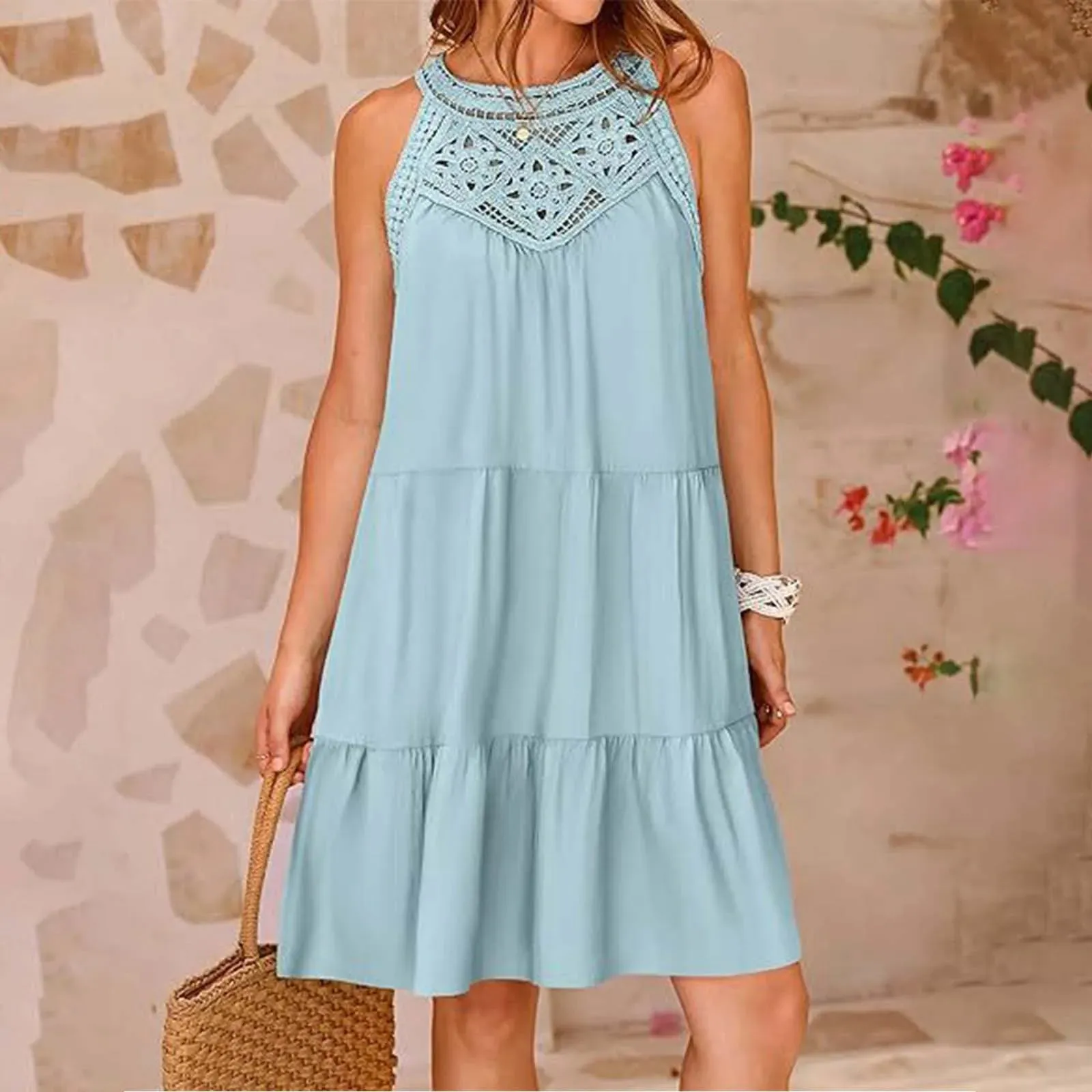 Halter Sleeveless A-Line Mini Casual Loose Flowy Summer Casual Beachy Dress