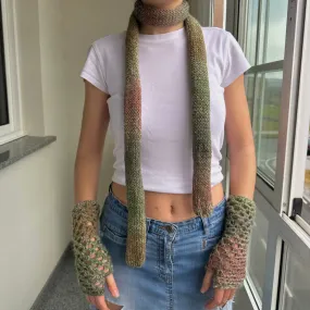 Handmade knitted ombré skinny scarf in dusky pink and green