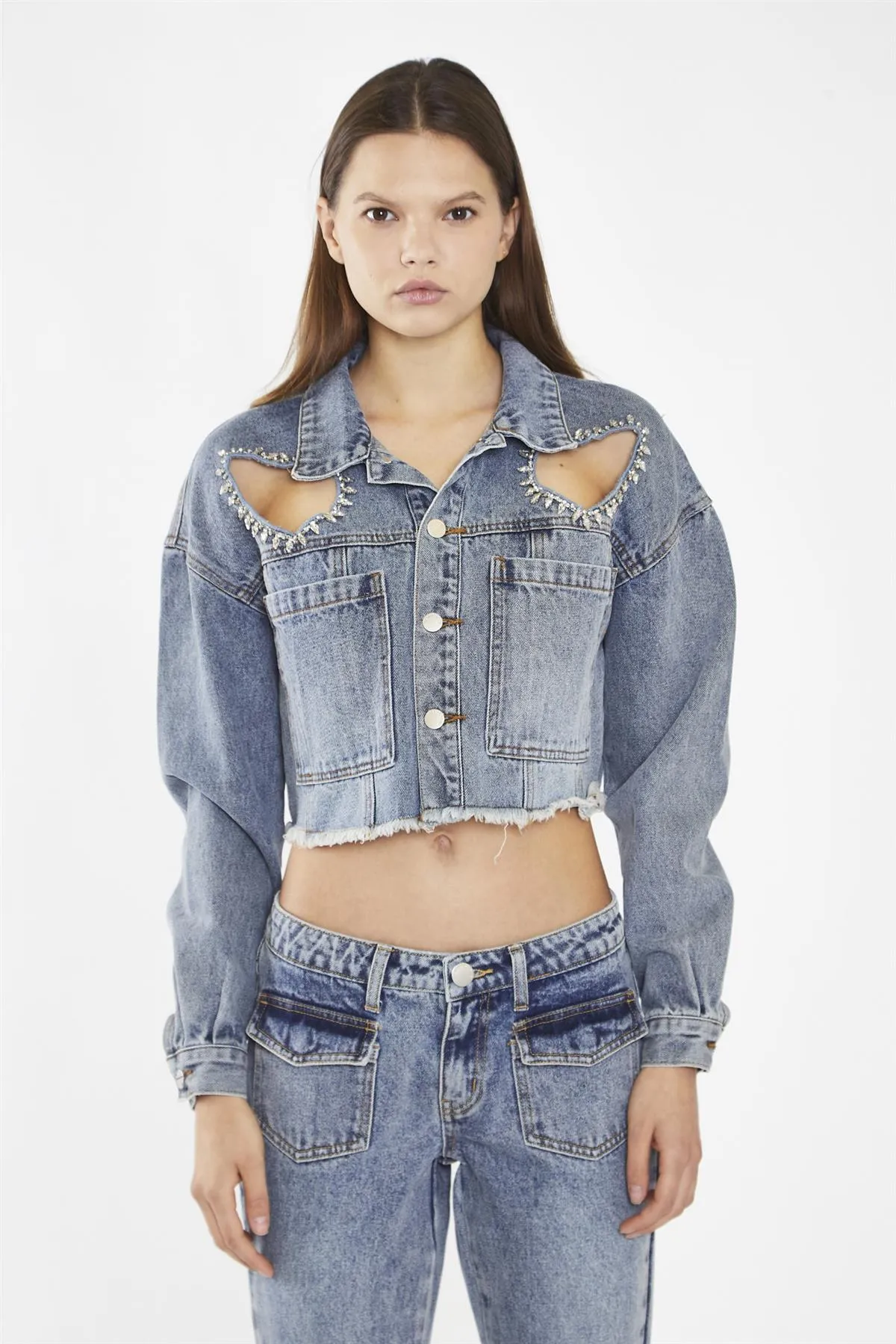 Heavy-Vintage Wash Heart Cut-Out Crop-Jacket