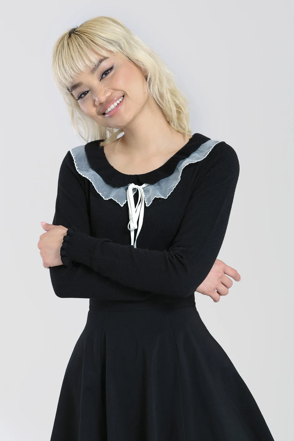 Hell Bunny Tatiana Jumper with Statement Neck Chiffon Ruffle