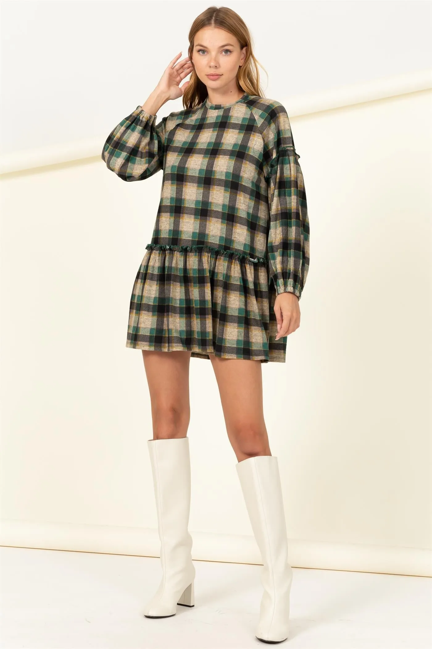 HF22H085-CHECKERED PRINT BABYDOLL DRESS